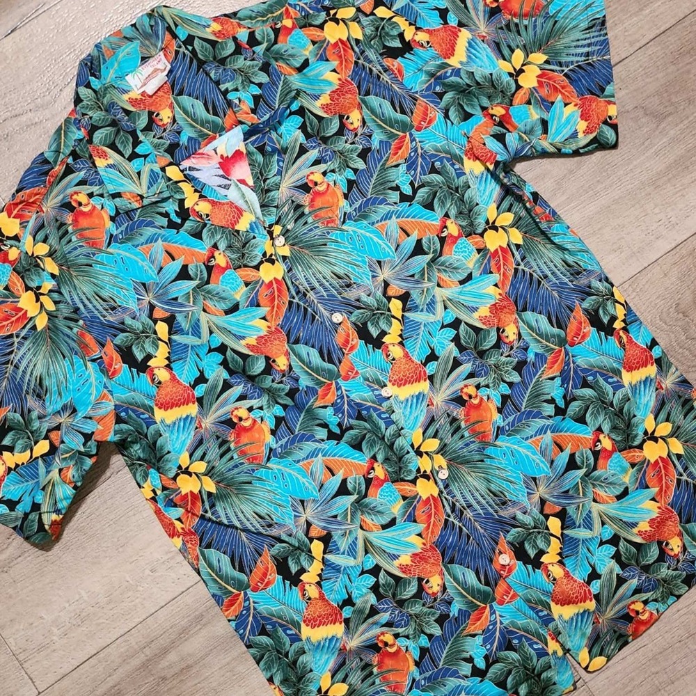 Evergreen Island Mens Parrot Tropical Hawaiian Shirt Made in USA Blue Orange LT